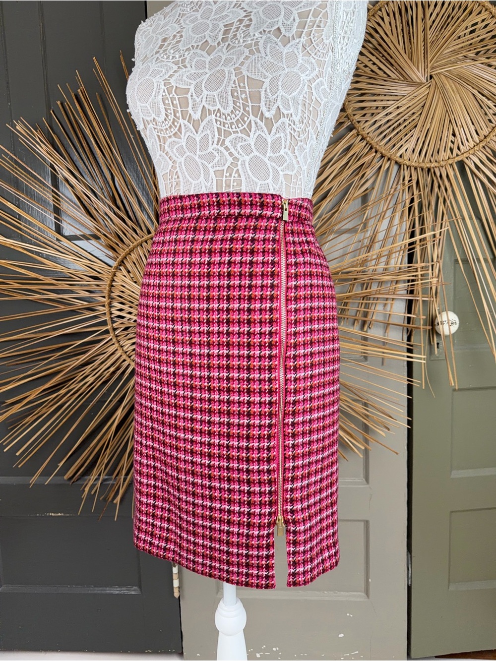 Talbots Pink Black Wool Blend Tweed Asymmetric Zipper Pencil Skirt Womens 10 P